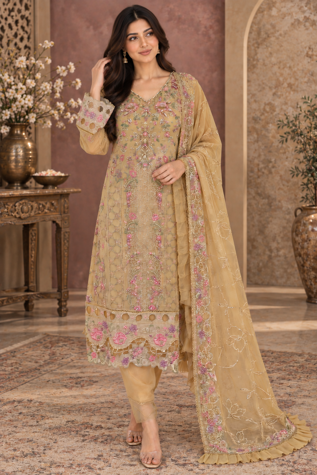 Mustard Gold Embroidered Chiffon Trouser Palazzo Suit for Women