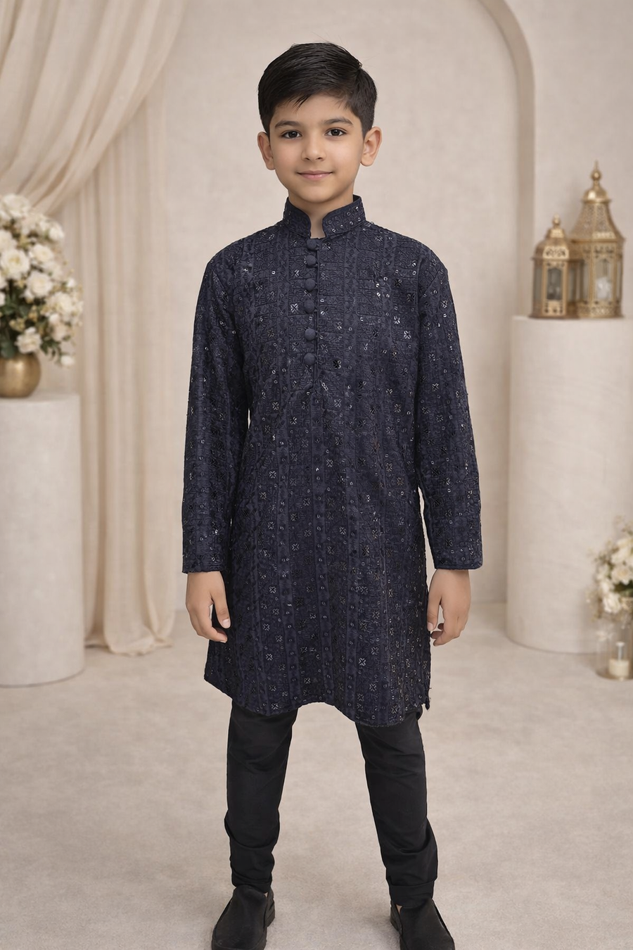 Boys Navy Blue Kurta Pajama