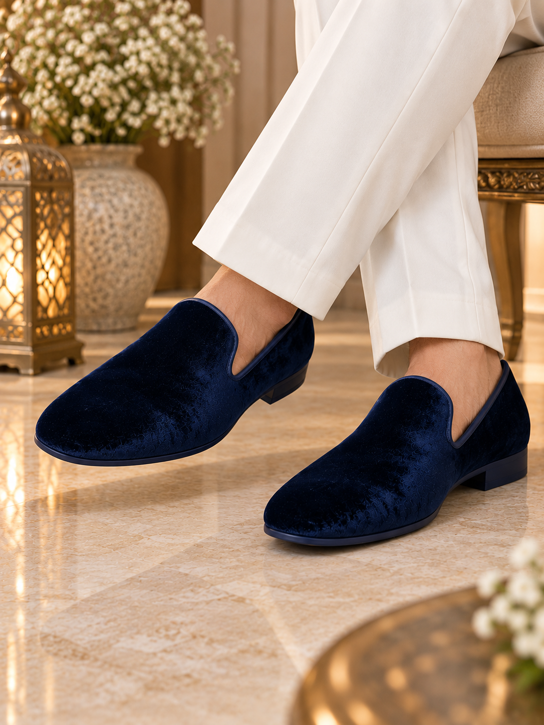 Men’s Navy Blue Velvet Loafers – Formal Slip-On Shoes