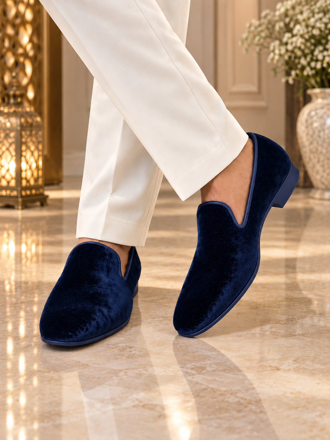 Men’s Navy Blue Velvet Loafers – Formal Slip-On Shoes
