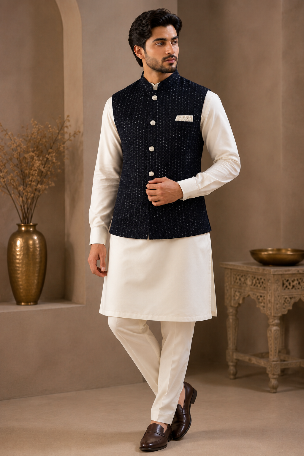 Mens navy blue waistcoat indian nehru jacket