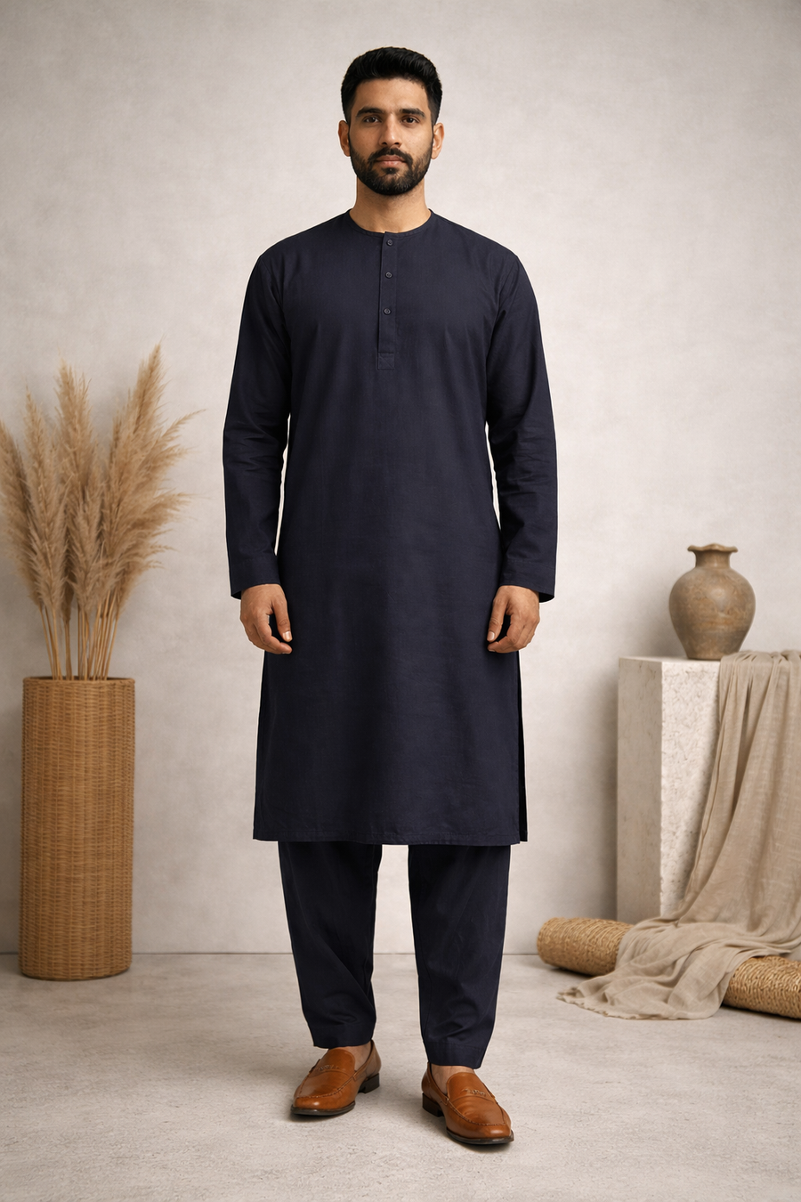 Men’s Blue Round Navy Blue Shalwar Kameez – Casual Traditional Wear