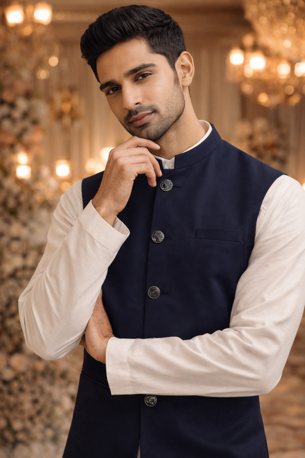 Mens indian nehru jacket navy blue plain mens formal waistcoat