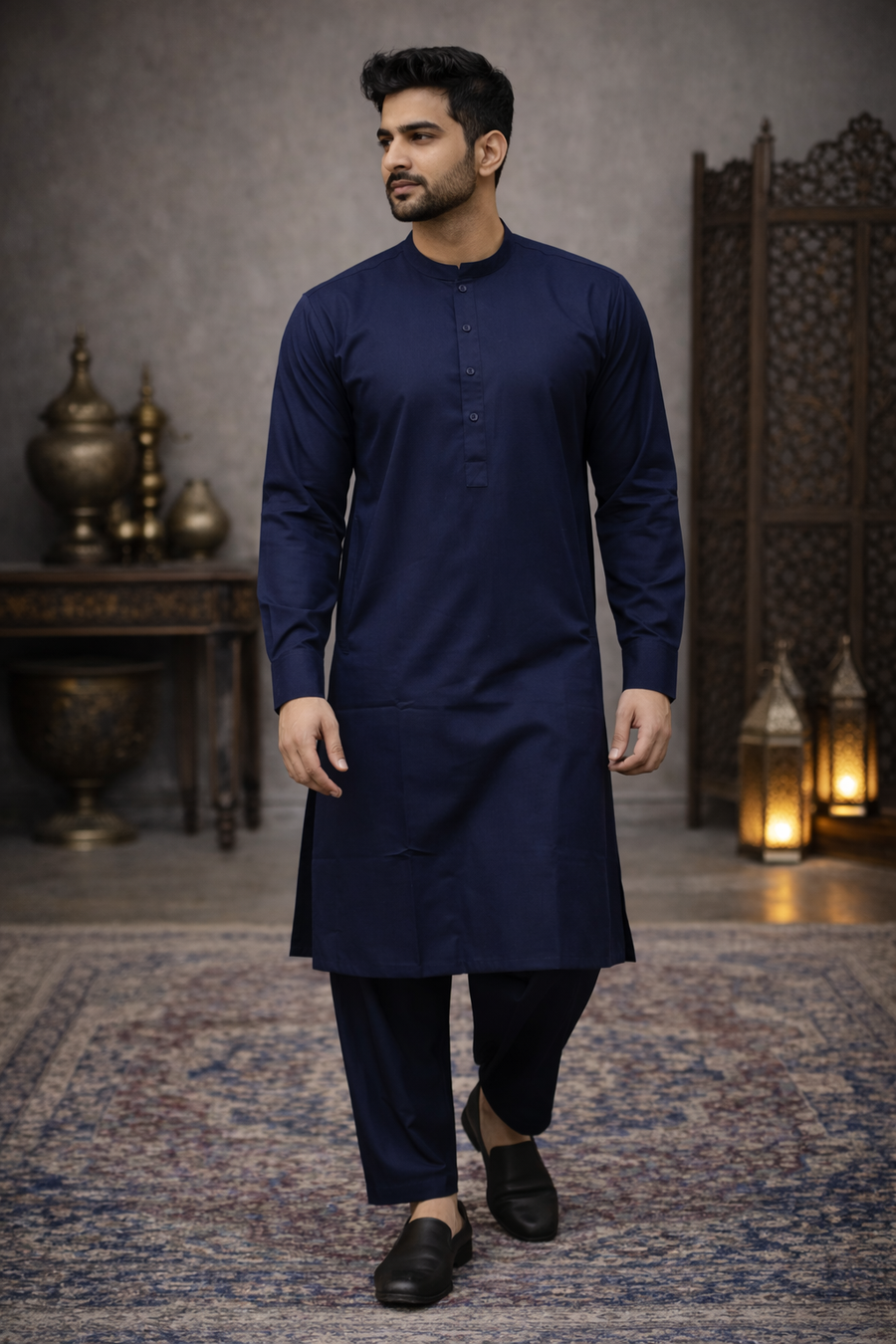 Men’s Navy Blue Shalwar Kameez – Plain Casual Pakistani Suit