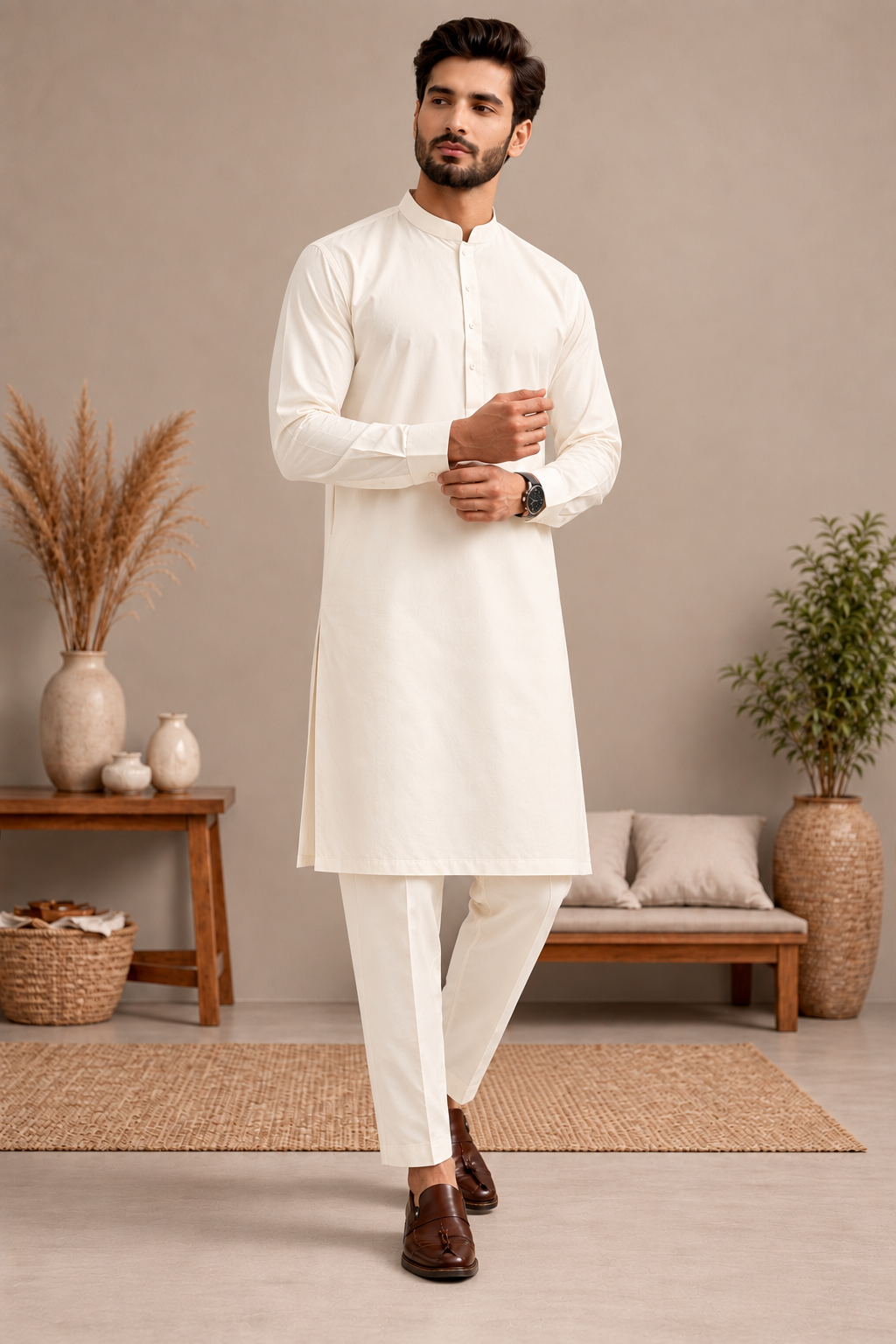 Men’s Off White Shalwar Kameez with Trouser Pants