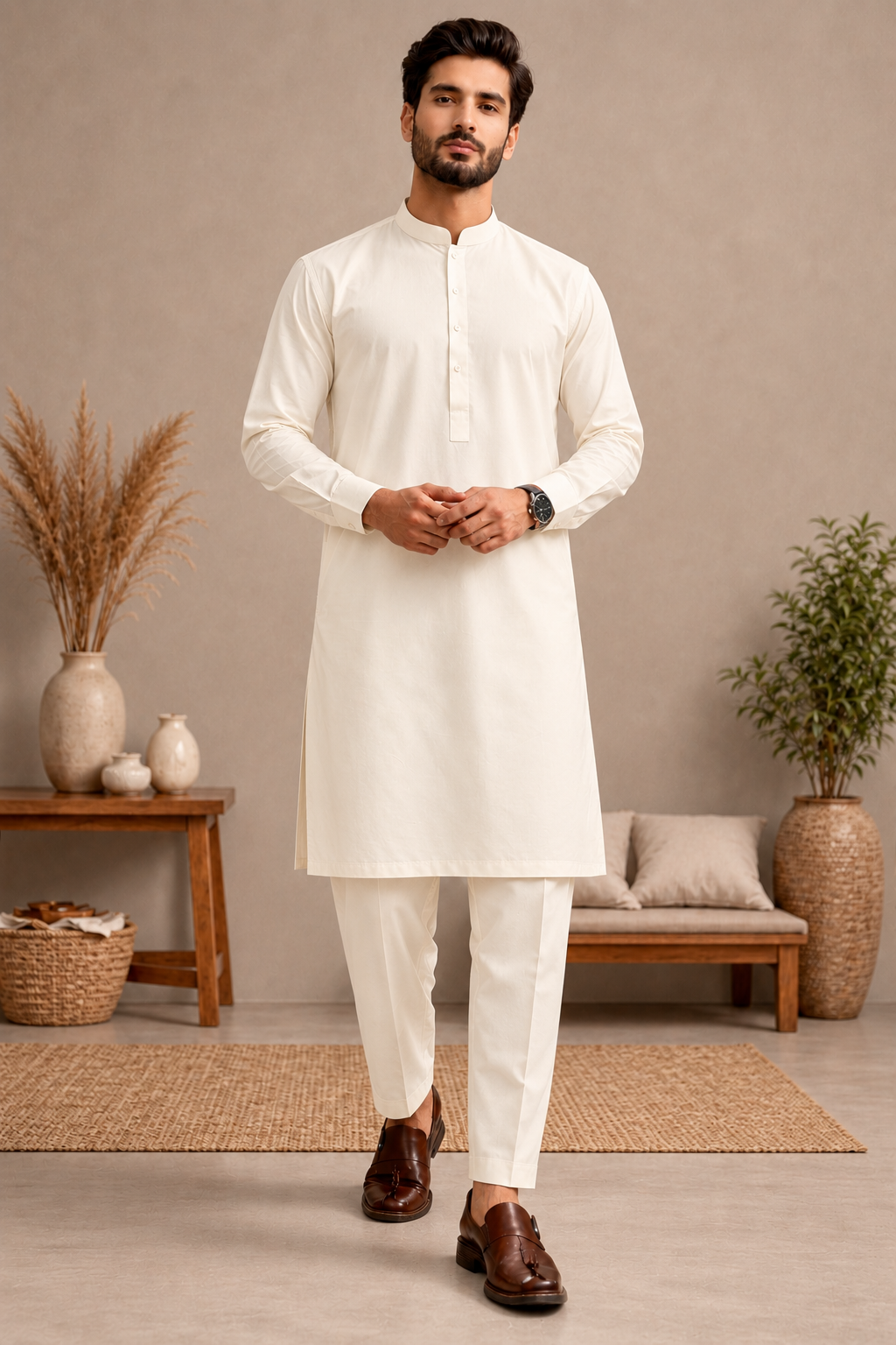 Men’s Off White Shalwar Kameez with Trouser Pants