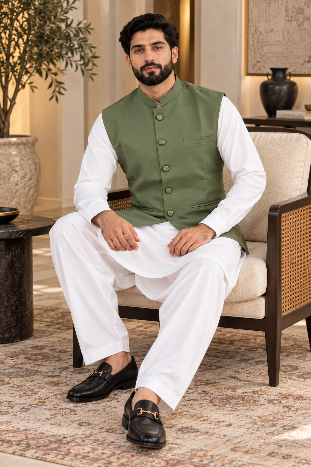 Green Men’s Indian Nehru Jacket | Plain Wedding Waistcoat