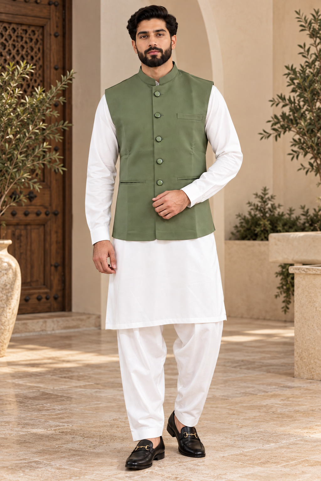 Green Men’s Indian Nehru Jacket | Plain Wedding Waistcoat