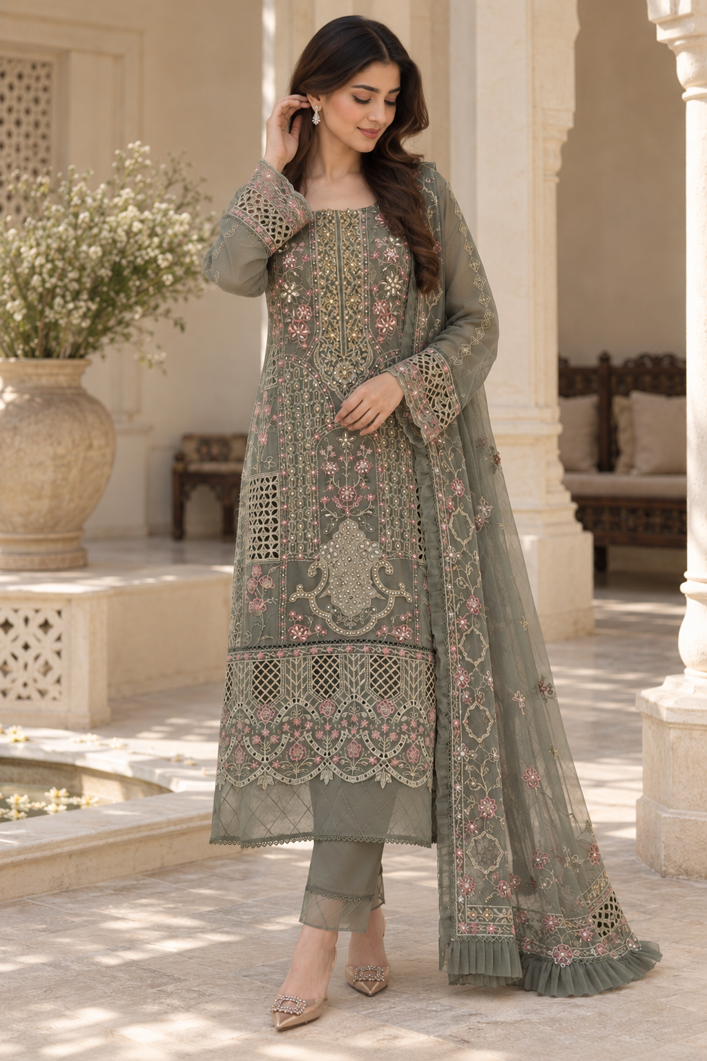 Olive Grey Embroidered Chiffon Palazzo Trouser Suit color