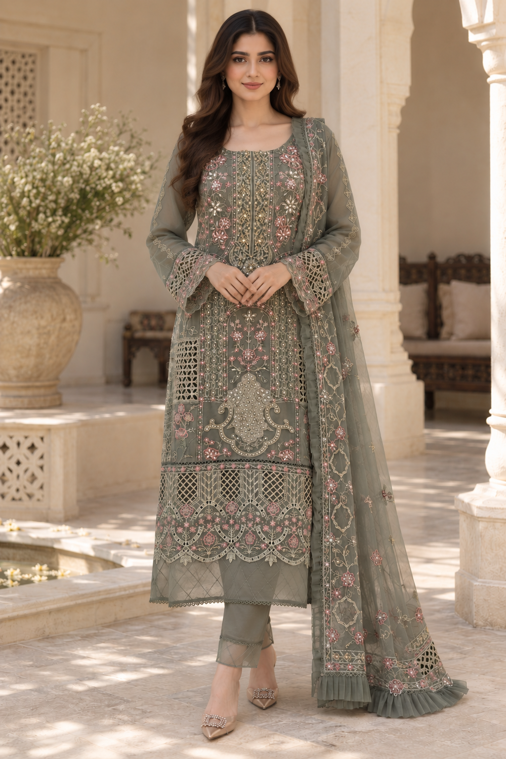 Olive Grey Embroidered Chiffon Palazzo Trouser Suit color
