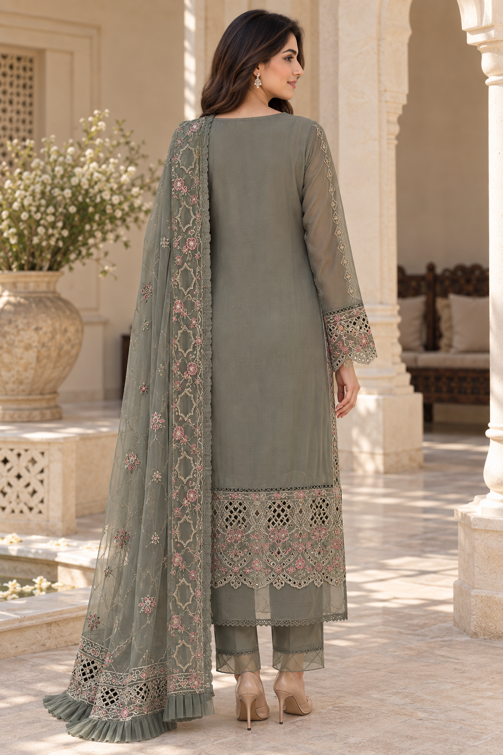 Olive Grey Embroidered Chiffon Palazzo Trouser Suit color