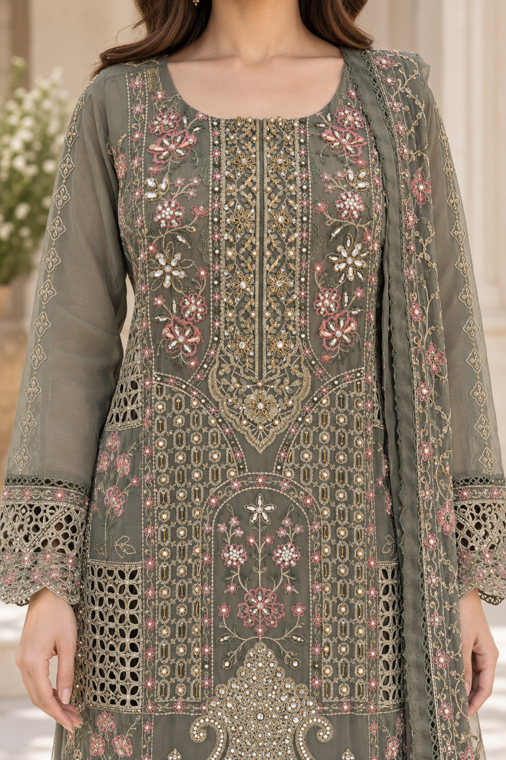 Olive Grey Embroidered Chiffon Palazzo Trouser Suit color