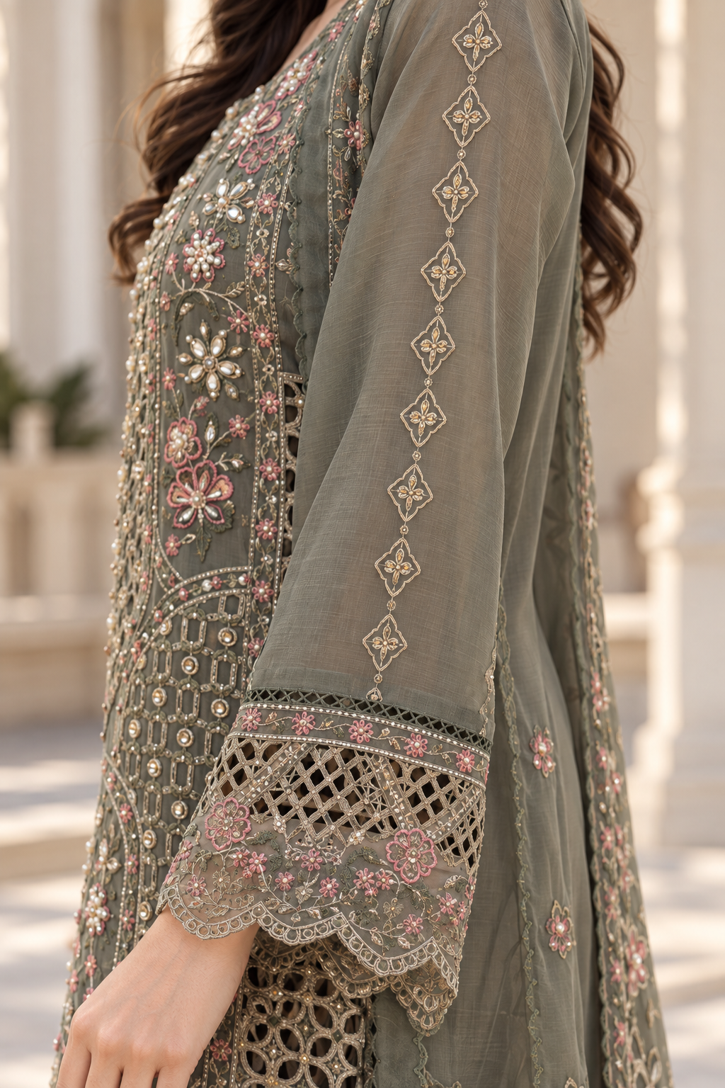Olive Grey Embroidered Chiffon Palazzo Trouser Suit color