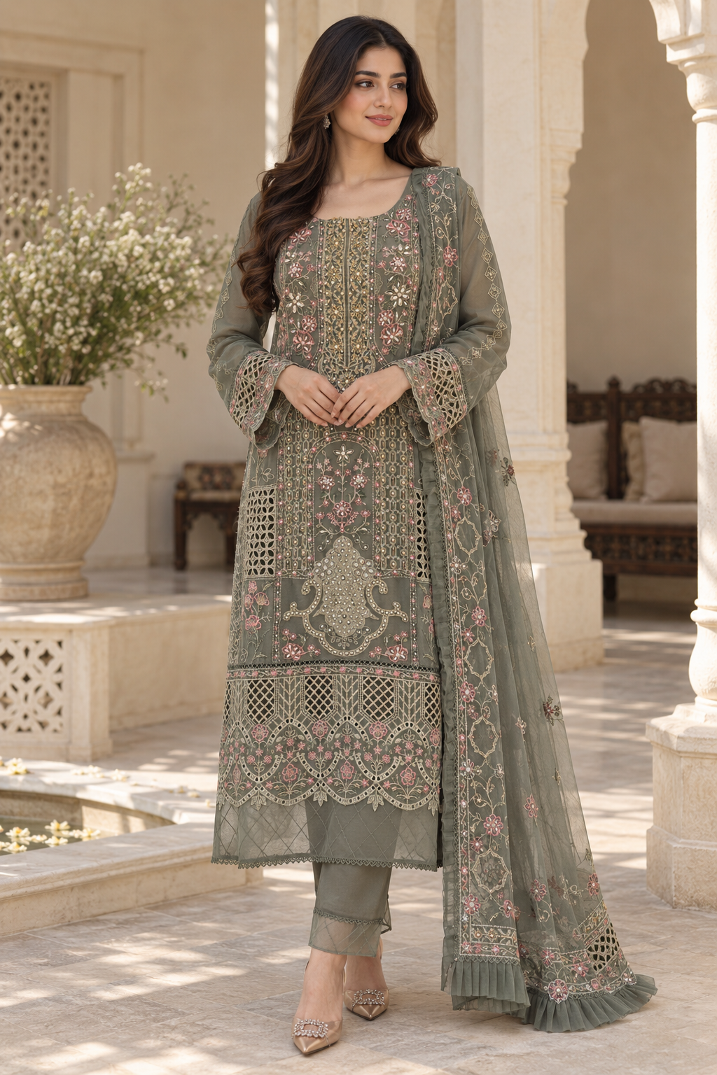 Olive Grey Embroidered Chiffon Palazzo Trouser Suit color