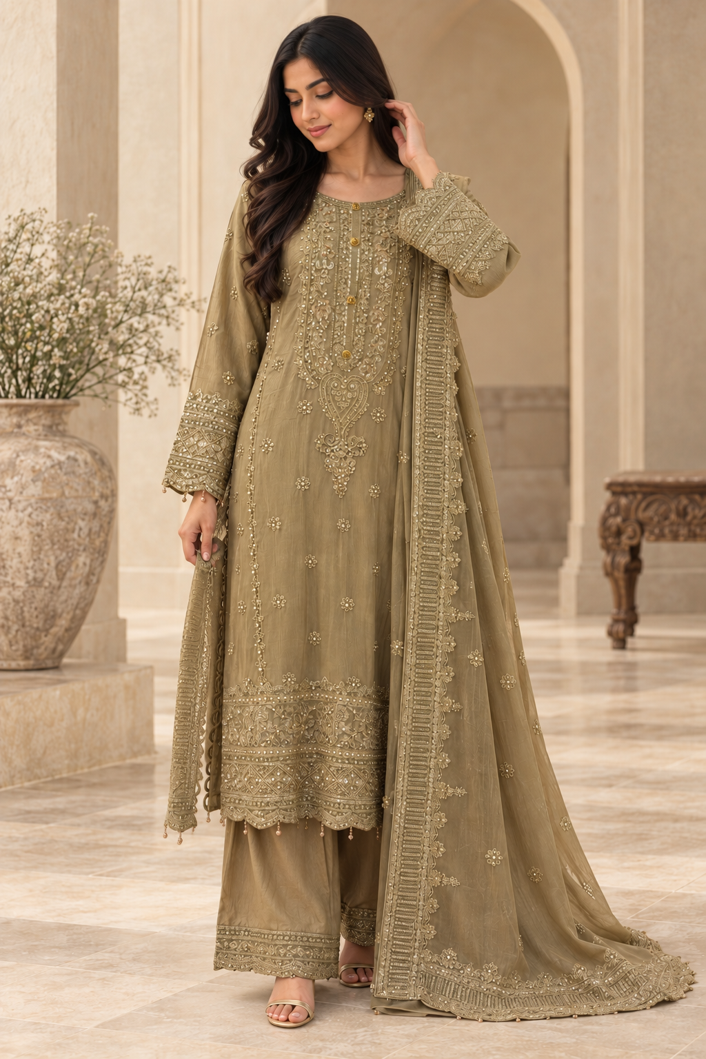 Olive Embroidered Chiffon Asian Suit for Women