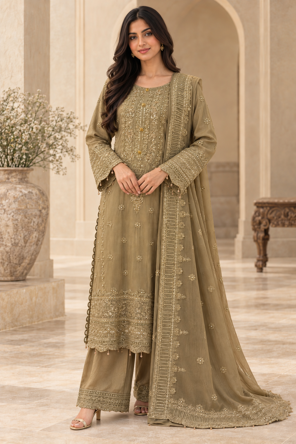 Olive Embroidered Chiffon Asian Suit for Women