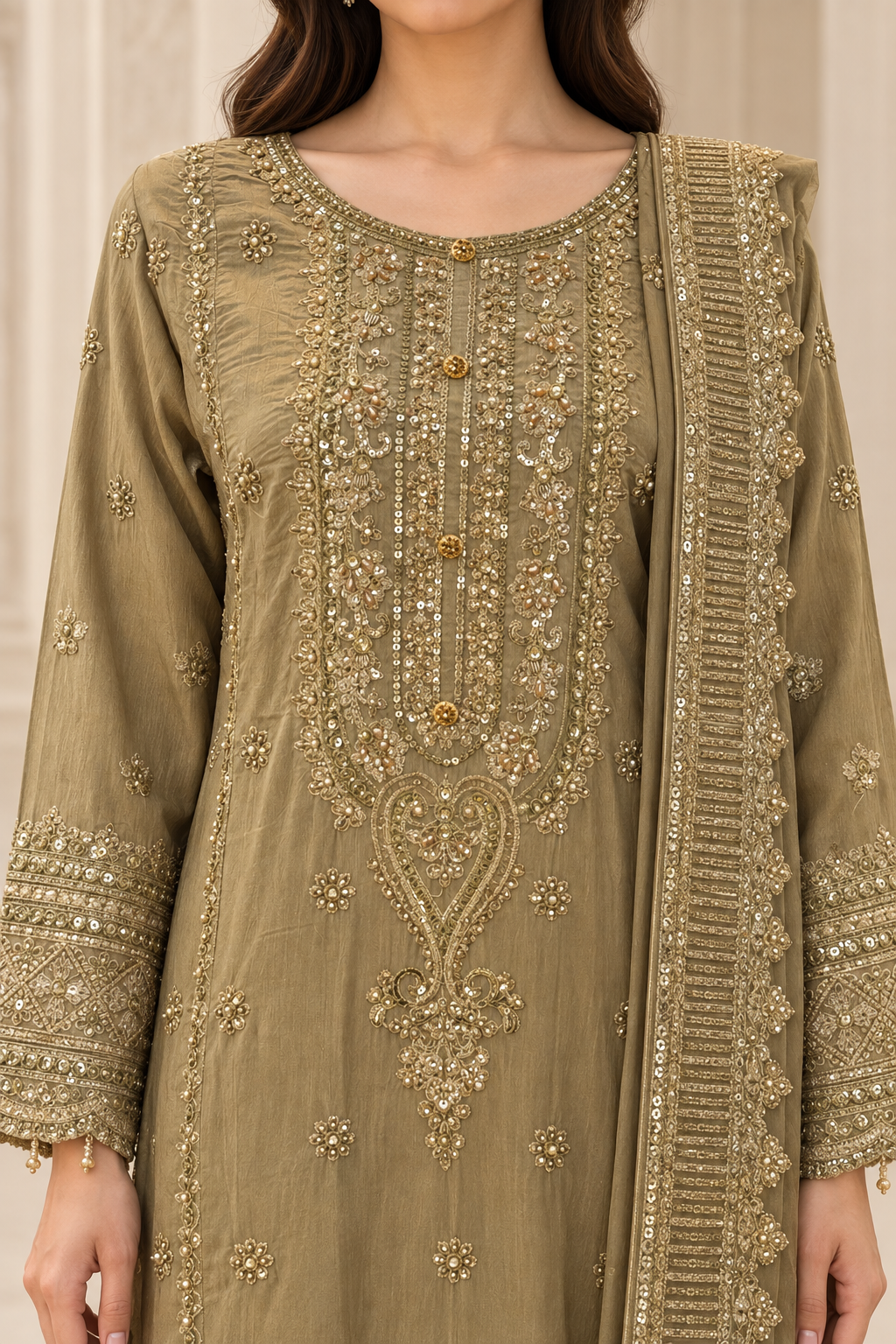 Olive Embroidered Chiffon Asian Suit for Women