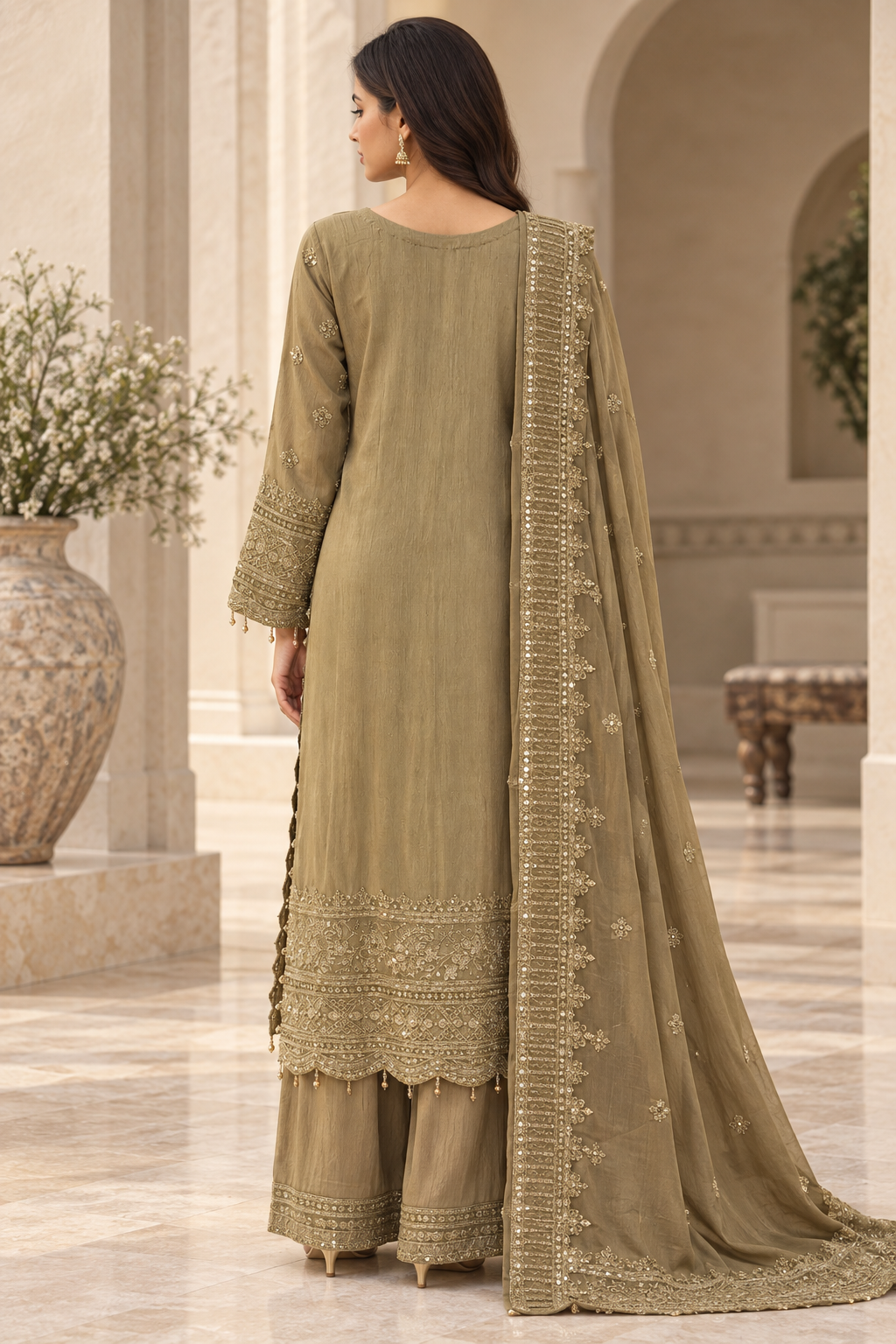 Olive Embroidered Chiffon Asian Suit for Women