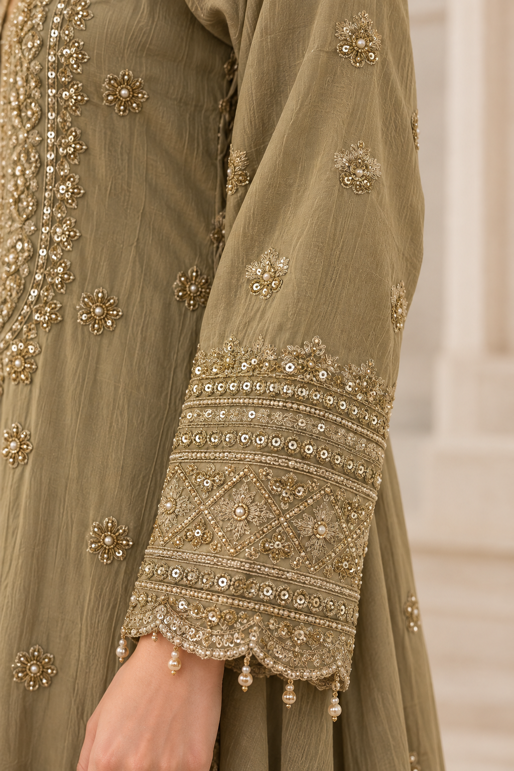Olive Embroidered Chiffon Asian Suit for Women