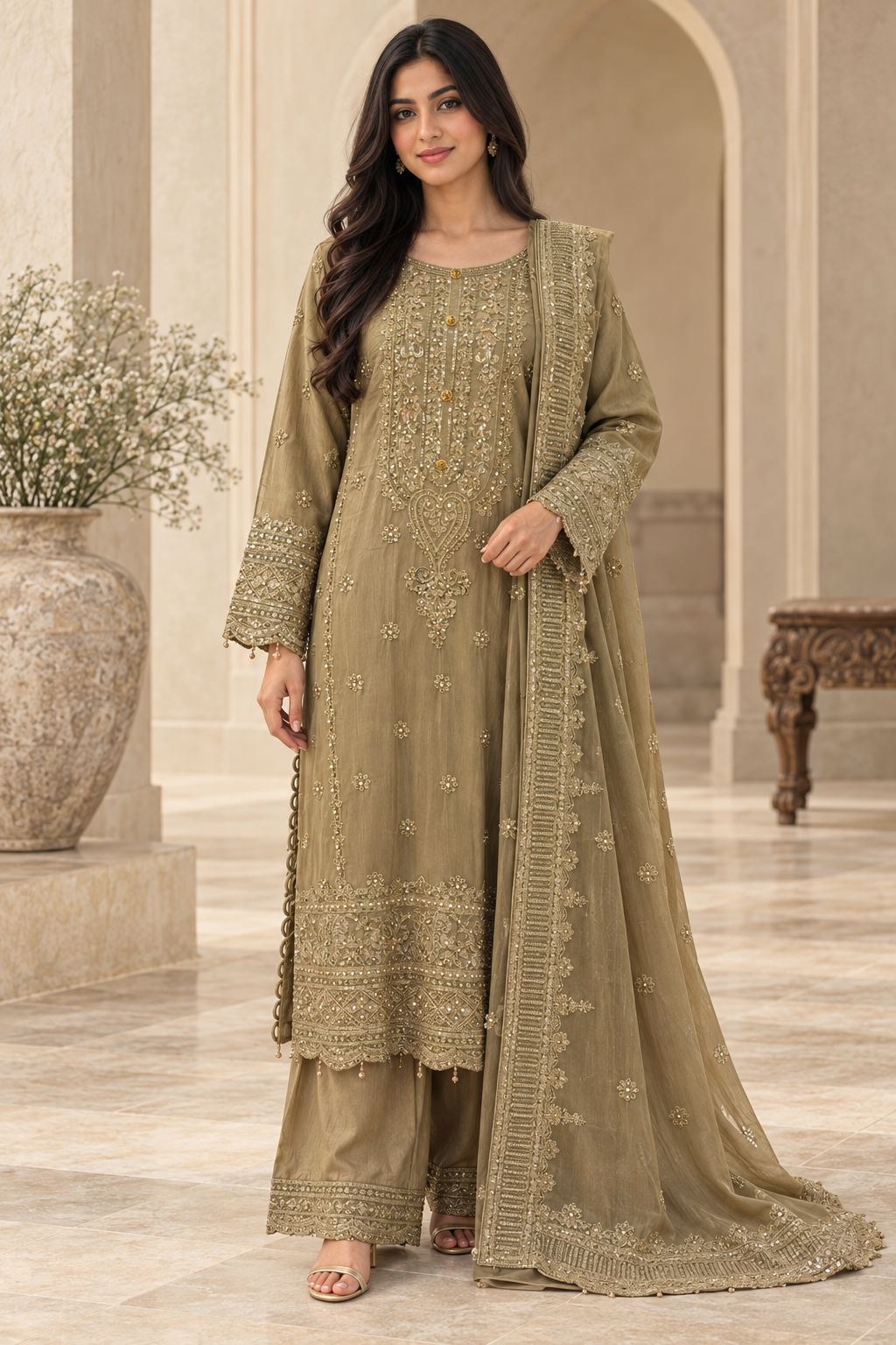 Olive Embroidered Chiffon Asian Suit for Women