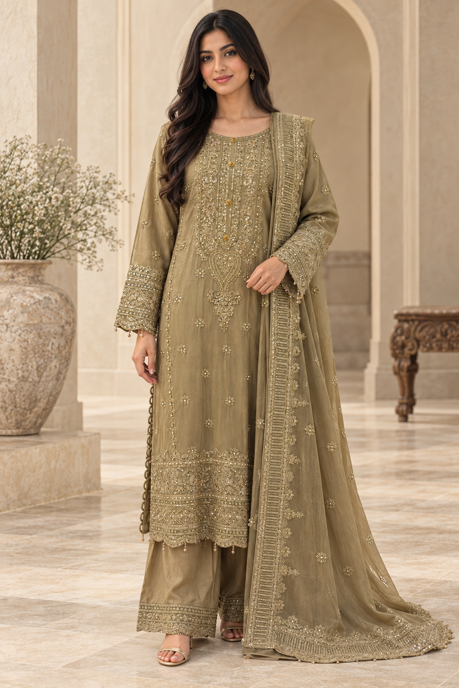 Olive Embroidered Chiffon Asian Suit for Women