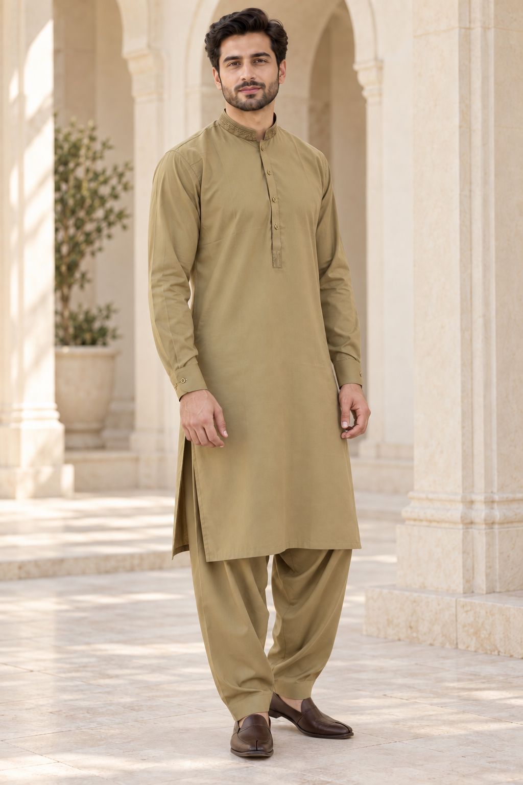 Men’s Olive Embroidered Pakistani Shalwar Kameez