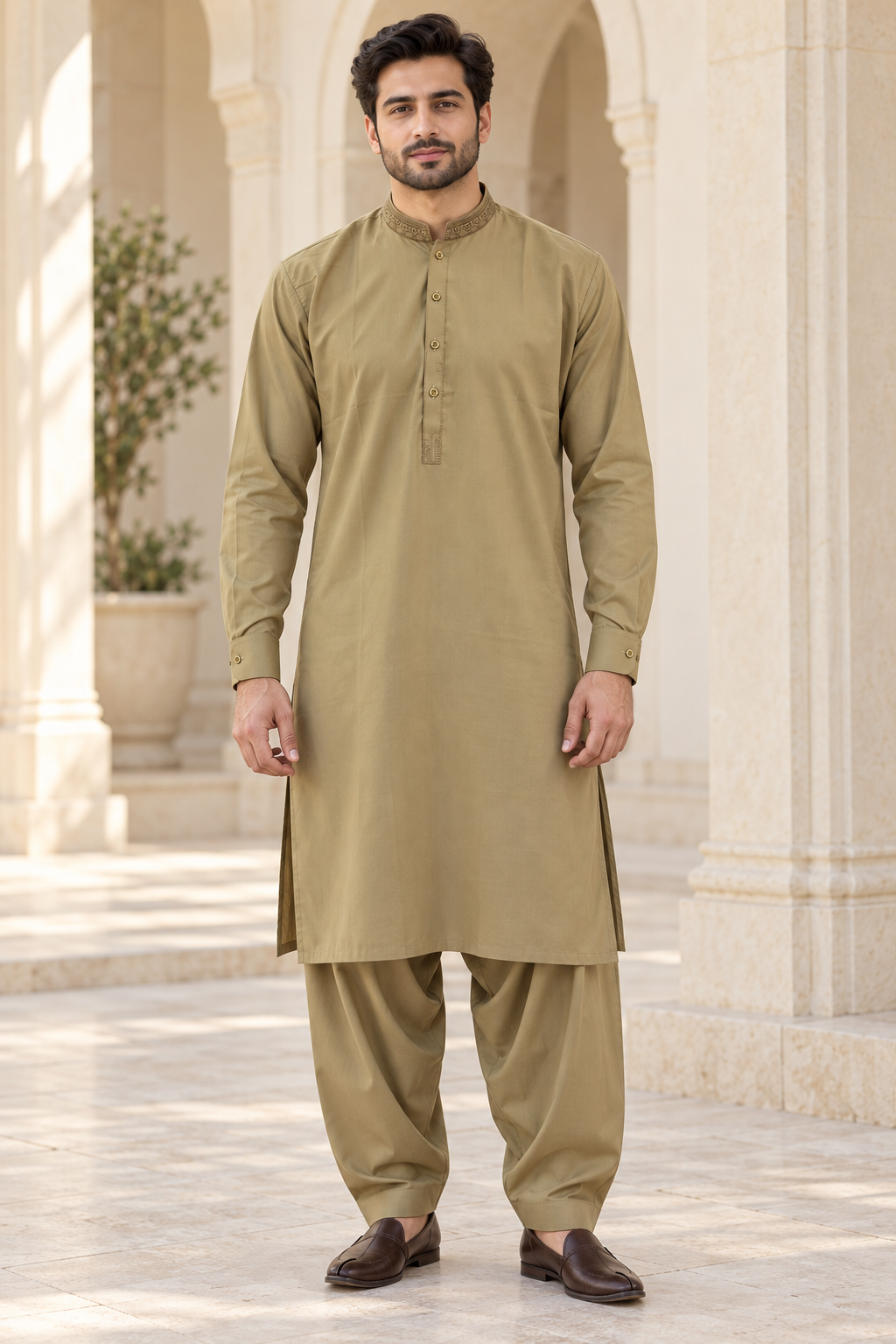 Men’s Olive Embroidered Pakistani Shalwar Kameez