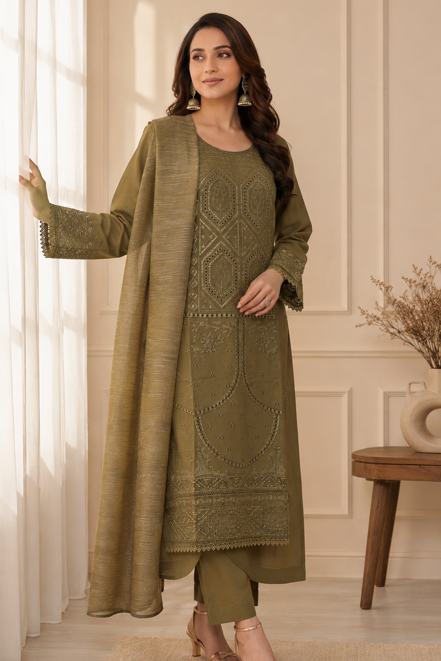 Olive Embroidered Cotton Palazzo Salwar Suit for Women