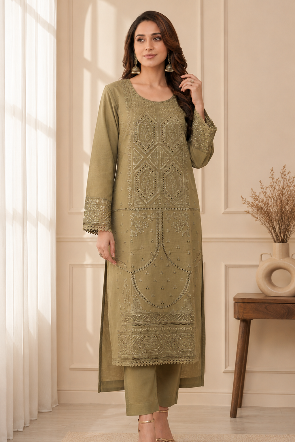 Womens ladies premium cotton olive salwar kameez suit palazzo pants for everyday wear