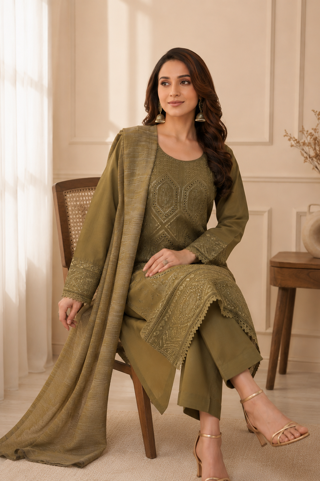 Womens ladies premium cotton olive salwar kameez suit palazzo pants for everyday wear