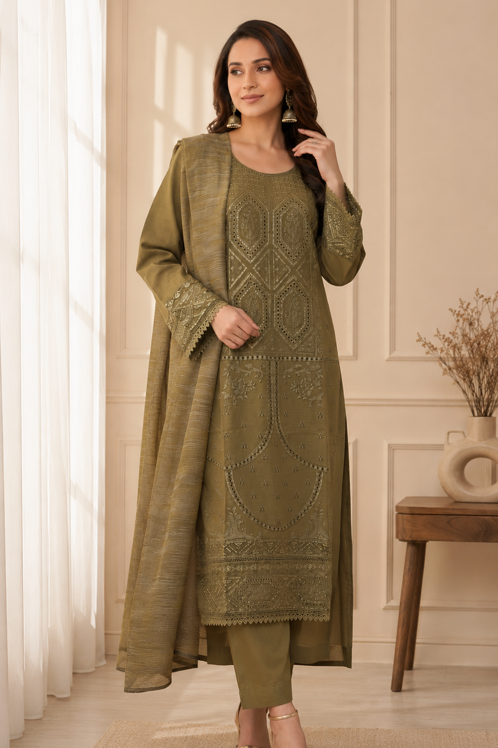 Womens ladies premium cotton olive salwar kameez suit palazzo pants for everyday wear