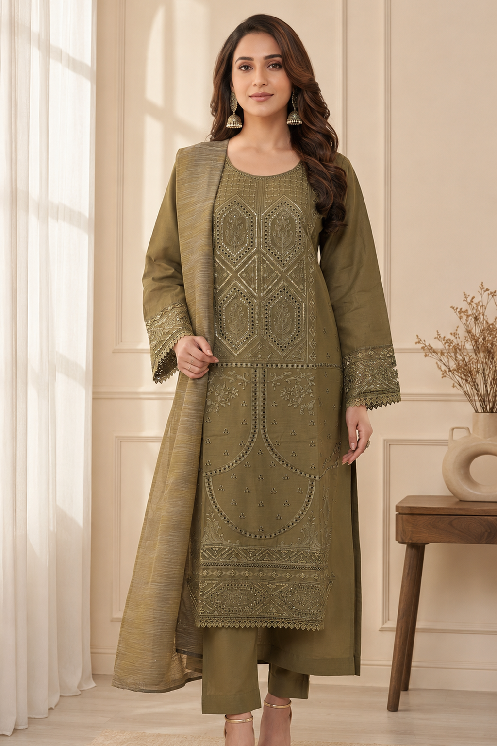 Womens ladies premium cotton olive salwar kameez suit palazzo pants for everyday wear