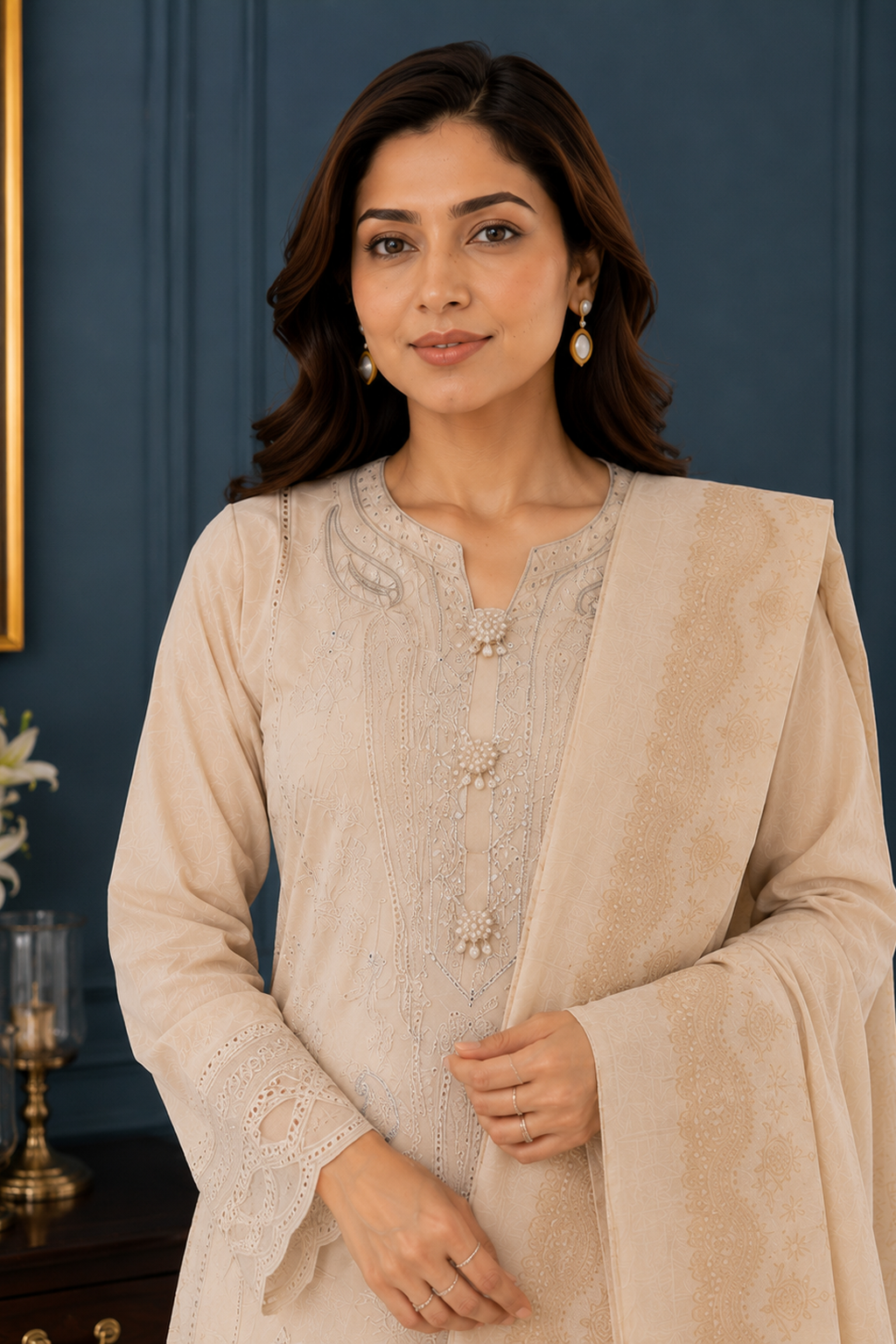 ladies pakistani palazzo suit light beige close up view