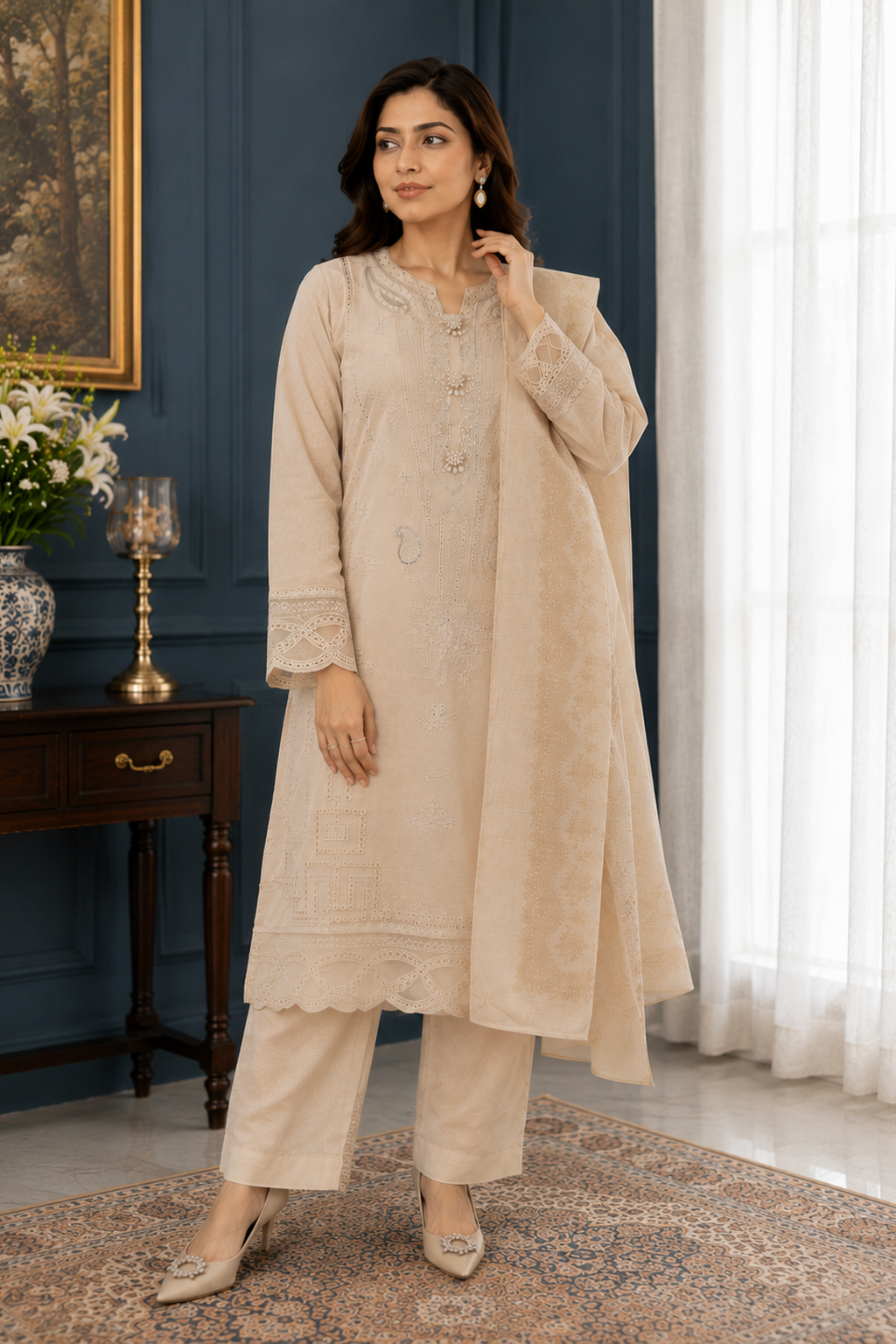 ladies pakistani palazzo trouser salwar suit light beige full length view
