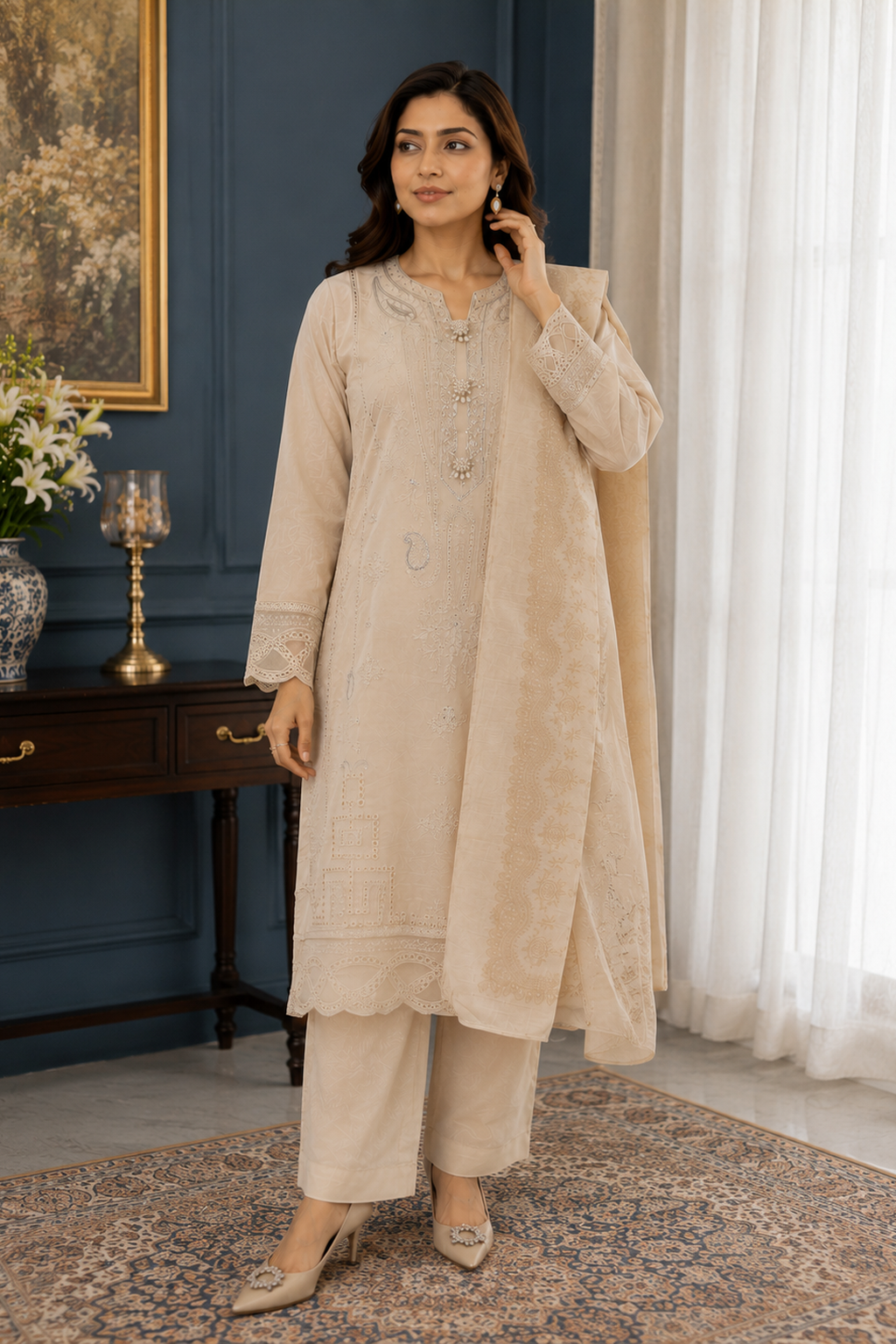 ladies pakistani palazzo suit light beige full view