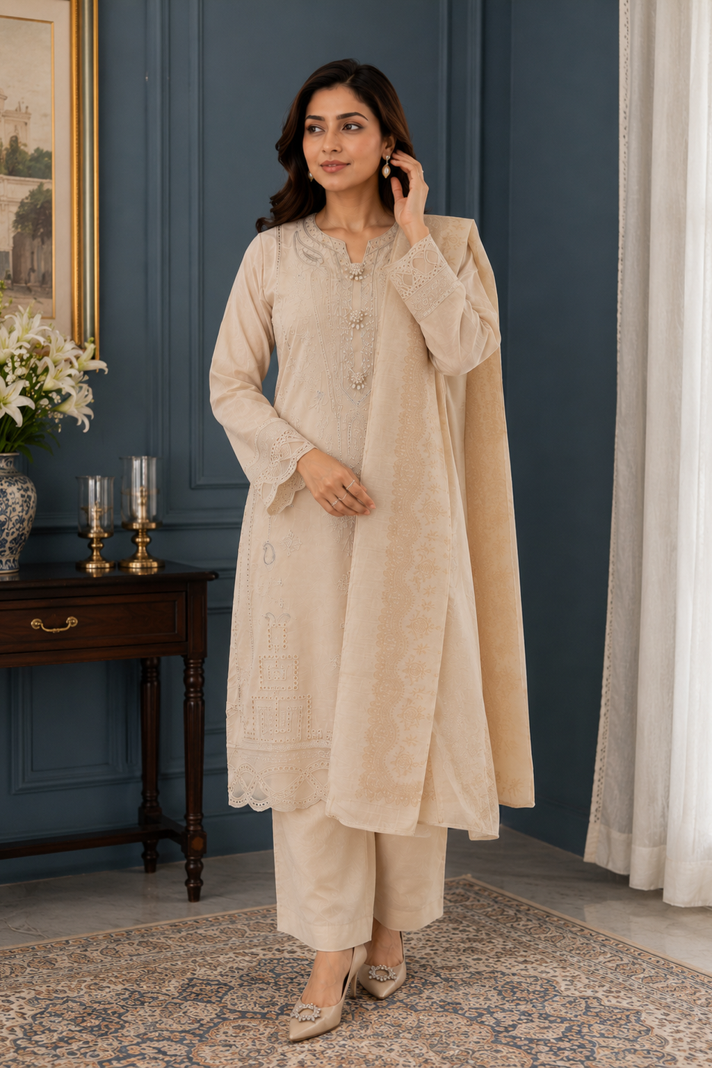 ladies pakistani palazzo suit light beige full standing view