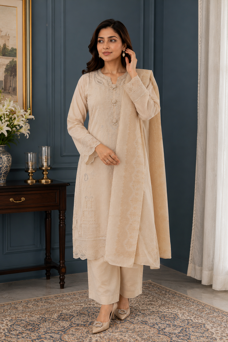 Light Beige Embroidered Palazzo Suit – Ready to Wear Pakistani Suit