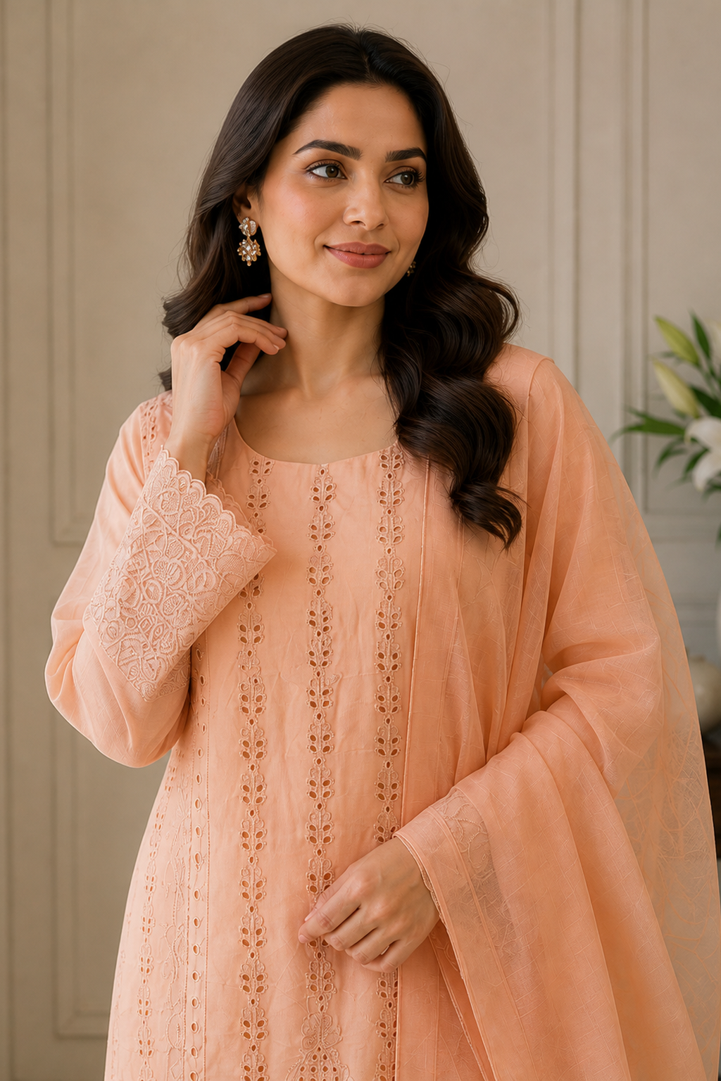 Peach Embroidered Viscose Palazzo Pants Suit With Dupatta