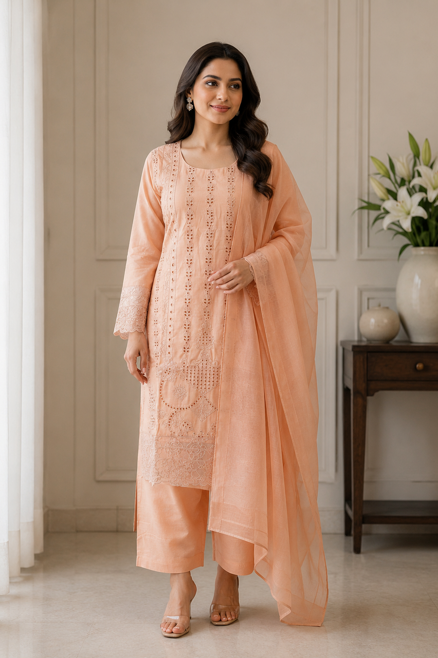 Peach Embroidered Viscose Palazzo Pants Suit With Dupatta