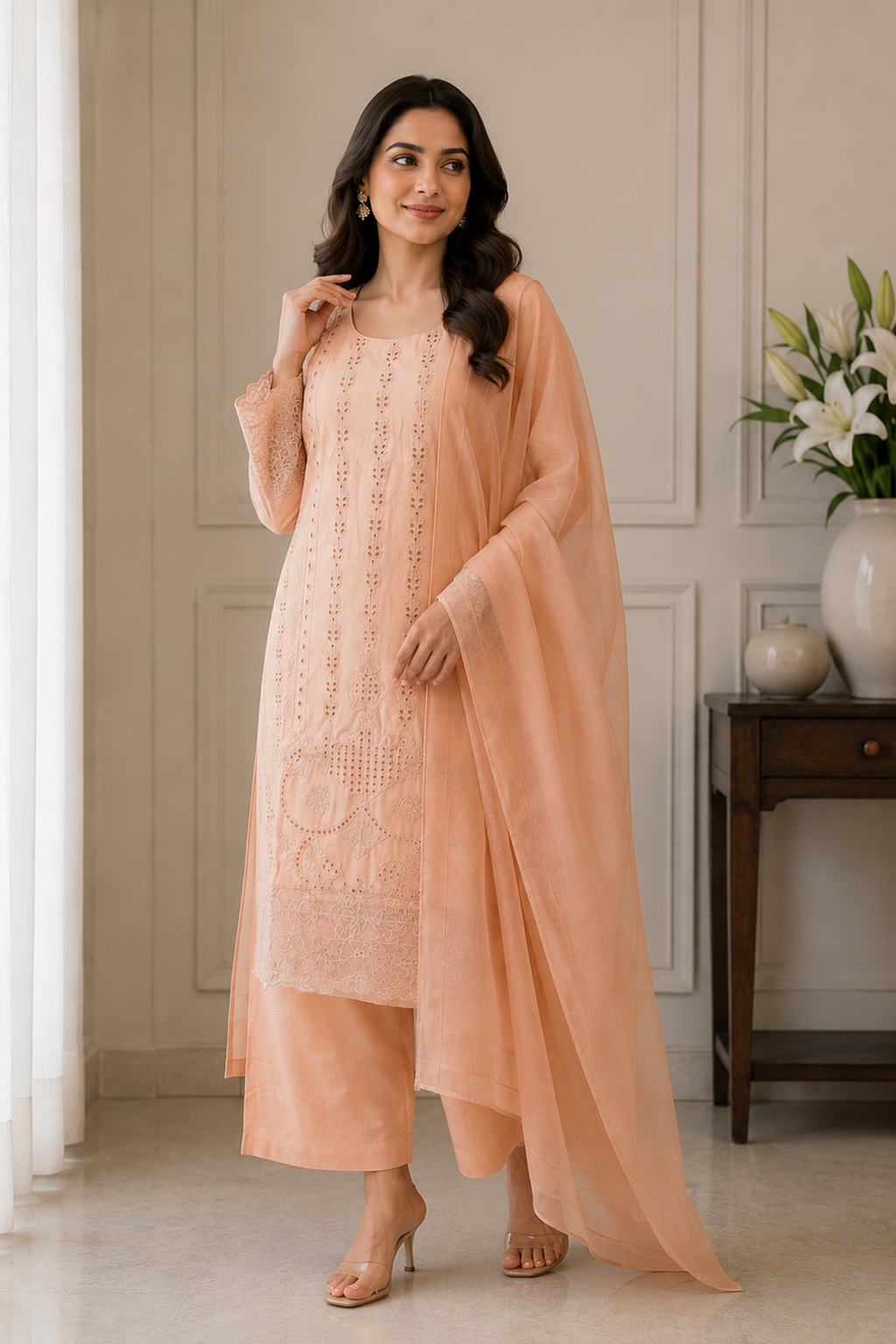 Peach Embroidered Viscose Palazzo Pants Suit With Dupatta