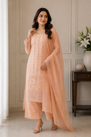 Peach Embroidered Viscose Palazzo Pants Suit With Dupatta
