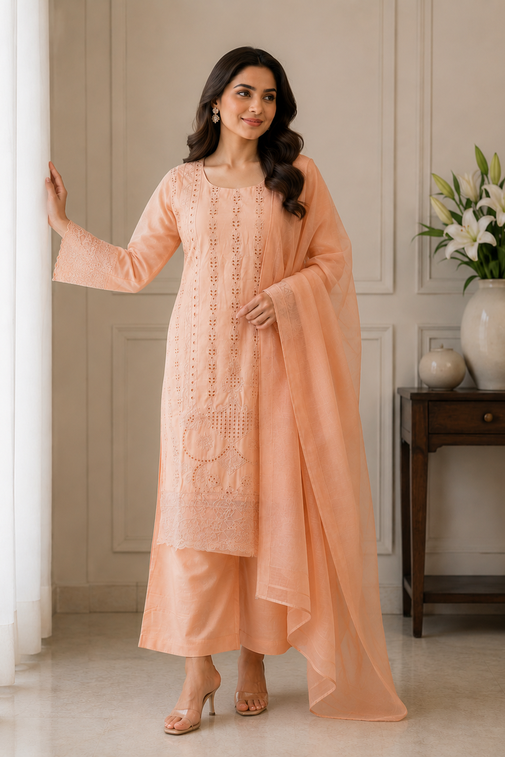 Peach Embroidered Viscose Palazzo Pants Suit With Dupatta