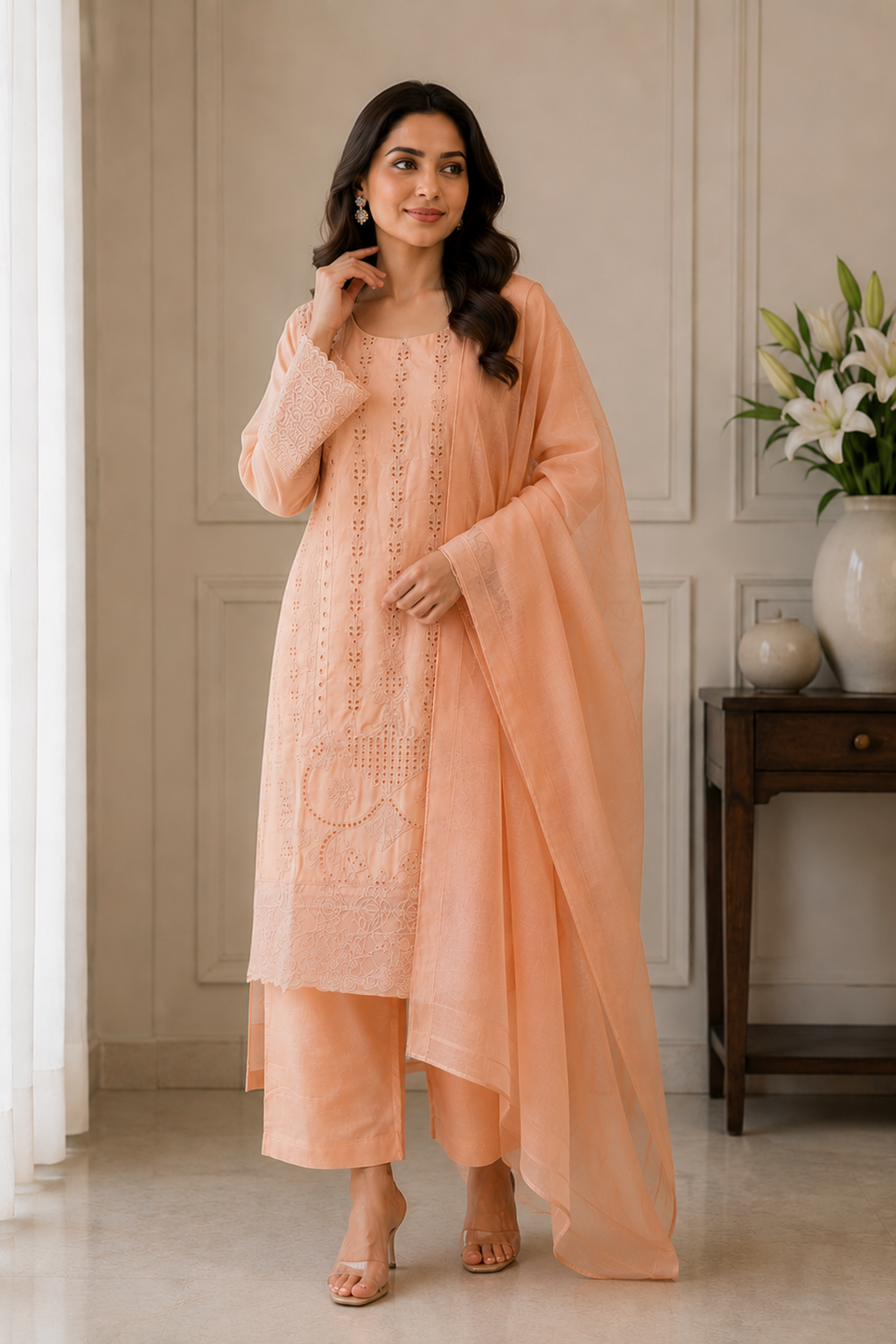 Peach Embroidered Viscose Palazzo Pants Suit With Dupatta