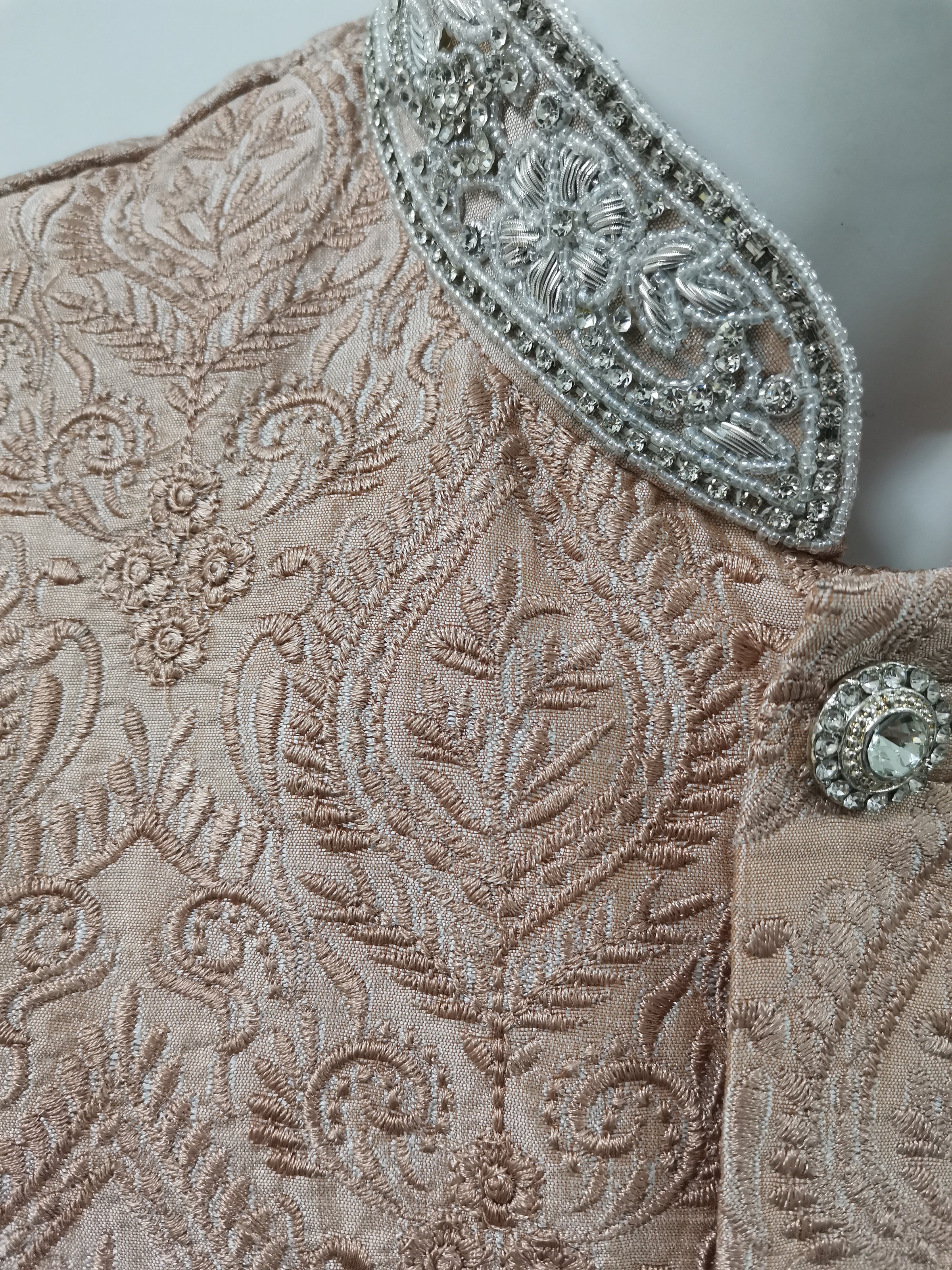 Close Up of Neck For Men's Peach Embroidered Indian Nehru Jacket 