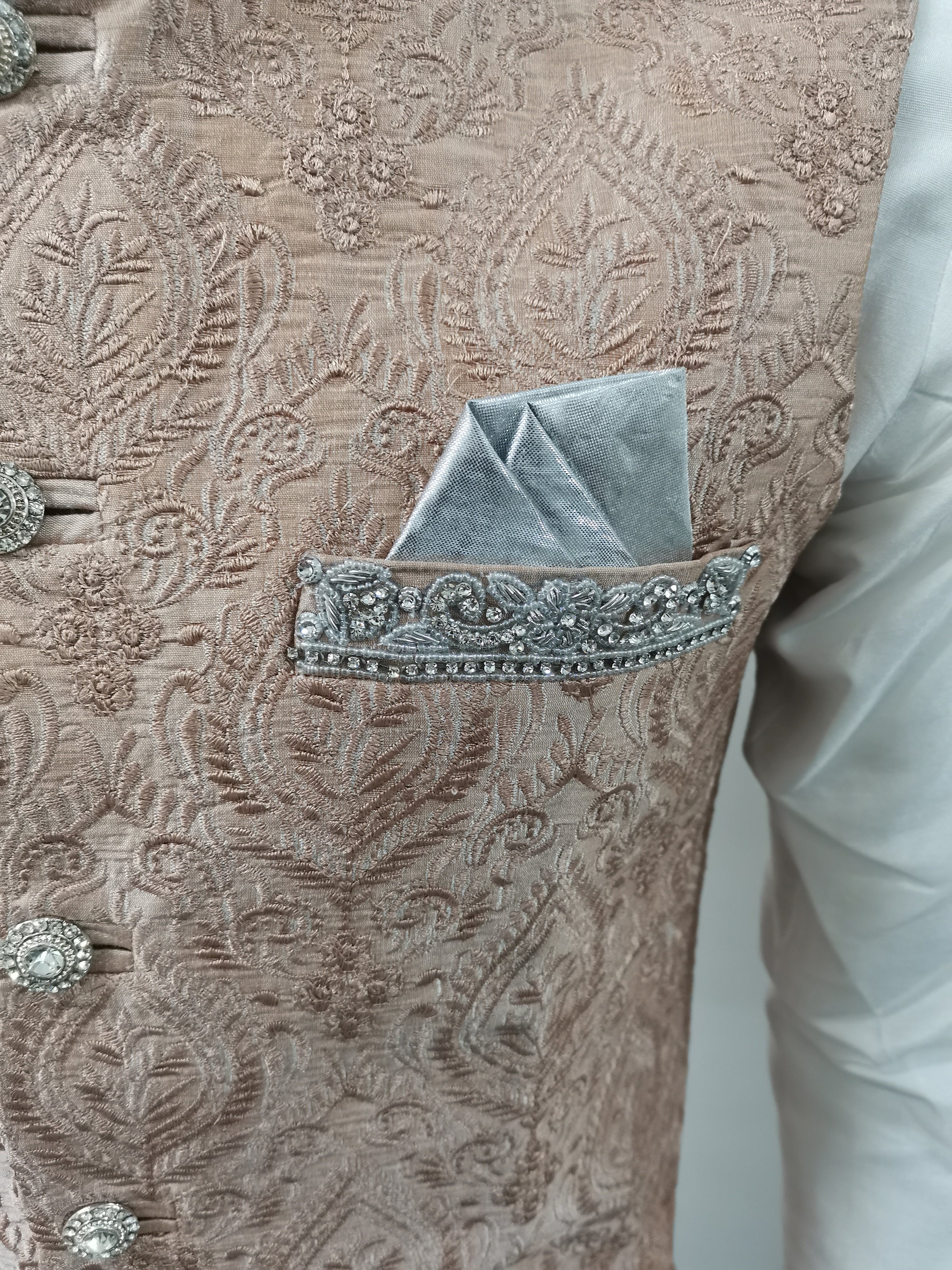 Close Up Of Pocket For Men's Peach Embroidered Indian Nehru Jacket