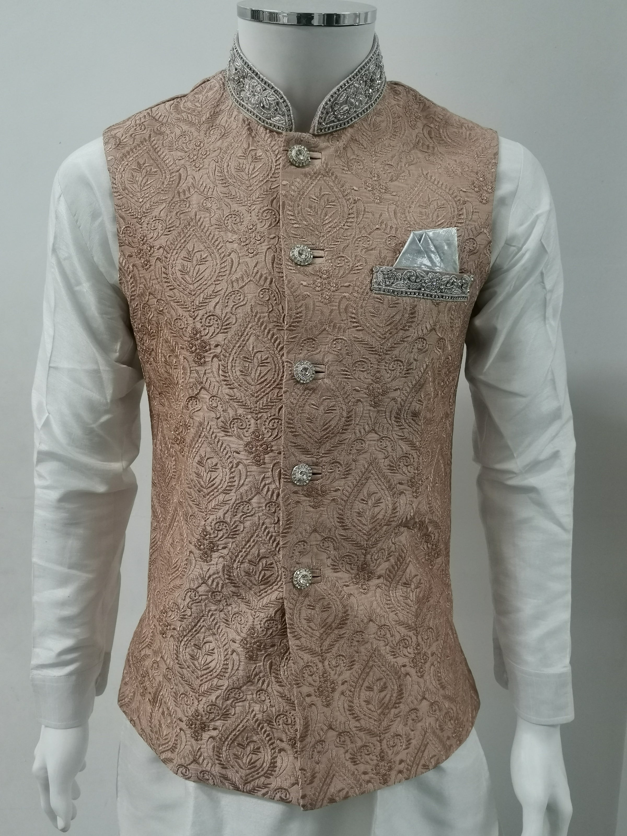 Men's Peach Embroidered Indian Nehru Jacket with intricate embroidery and a classic Nehru collar. Front View