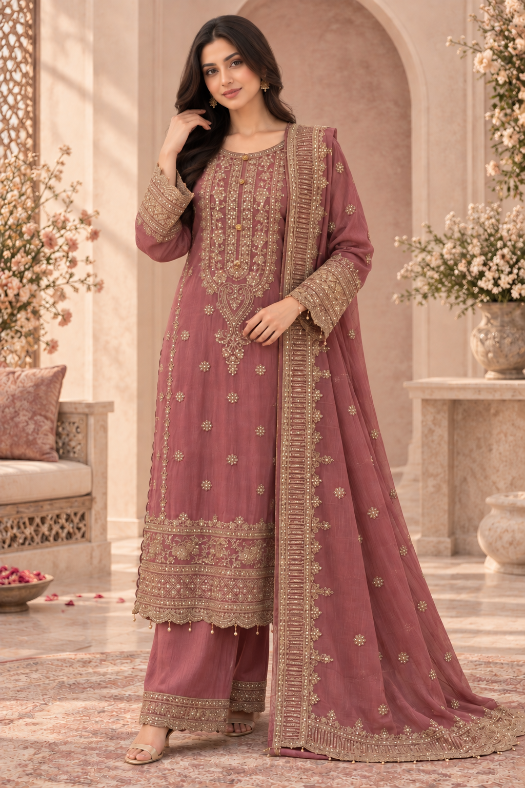 Pink Embroidered Chiffon Pakistani Suit for Women