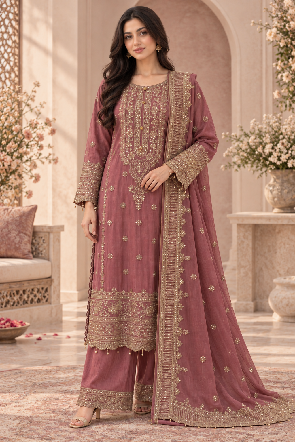 Pink Embroidered Chiffon Pakistani Suit for Women