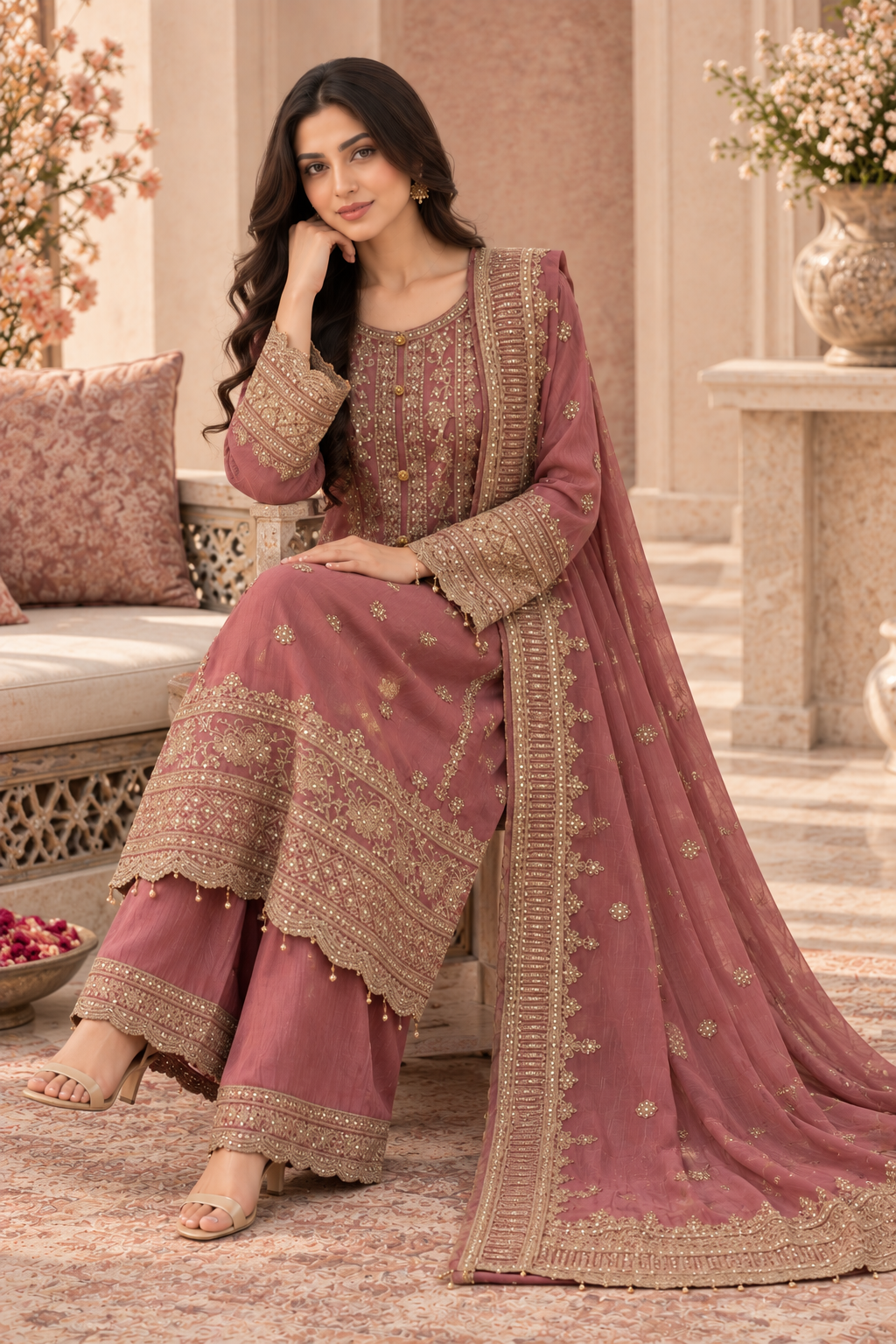 Pink Embroidered Chiffon Pakistani Suit for Women