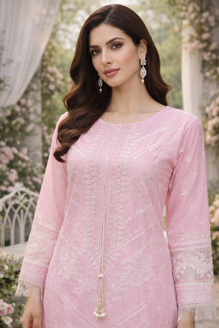 Pink Embroidered Trouser Suit with Floral Dupatta – Elegant Semi-Formal Wear